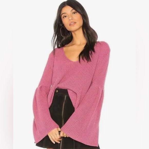 Free People Cropped Flare Arm Pink Damsel Knit Sweater Small - Picture 2 of 7